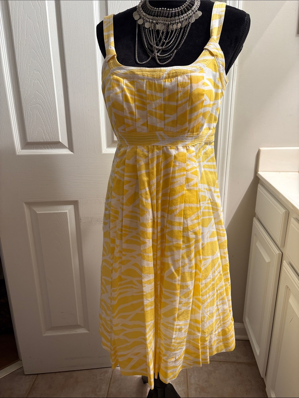 Calvin Klein Yellow and White Sleeveless Midi Dress